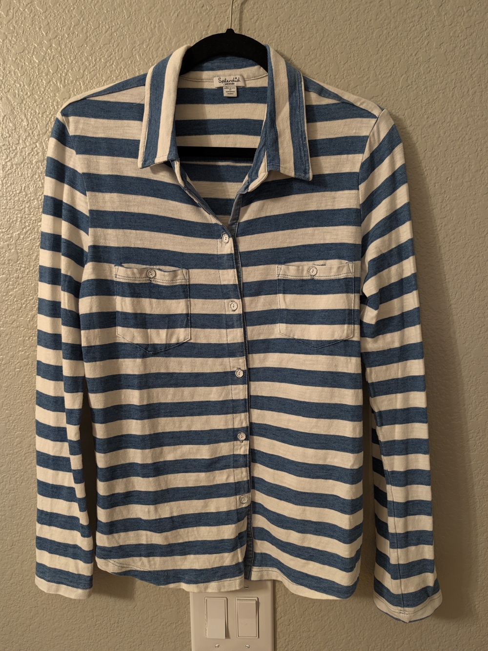 Splendid Blue And White Striped Knit Collared Button Down Shirt Women's Medium